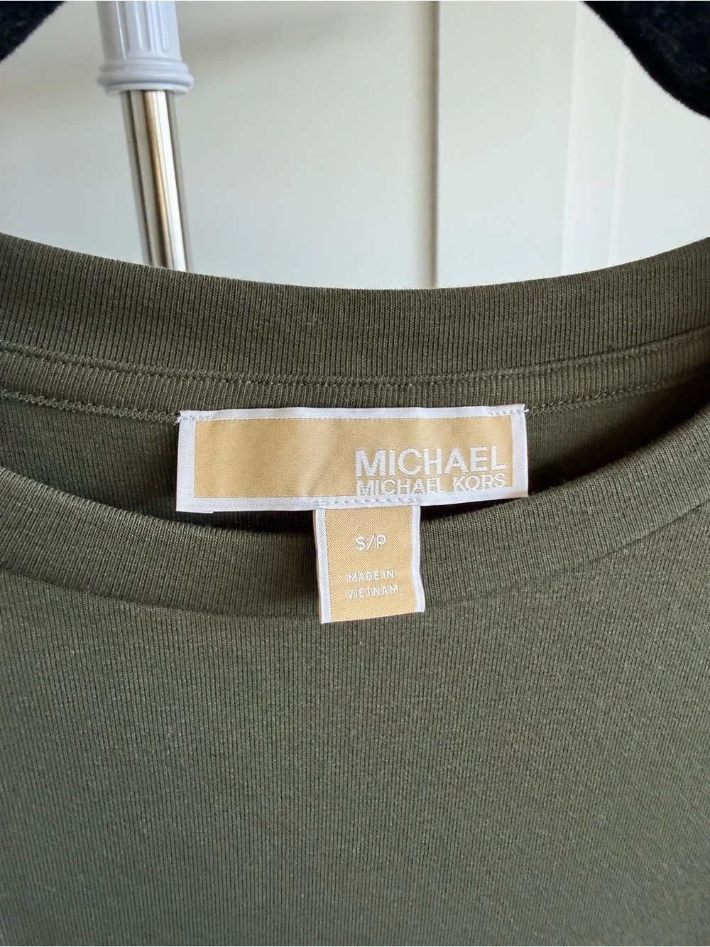 Michael Kors Olive Green Short Sleeve Tee with Diagonal Button Detail